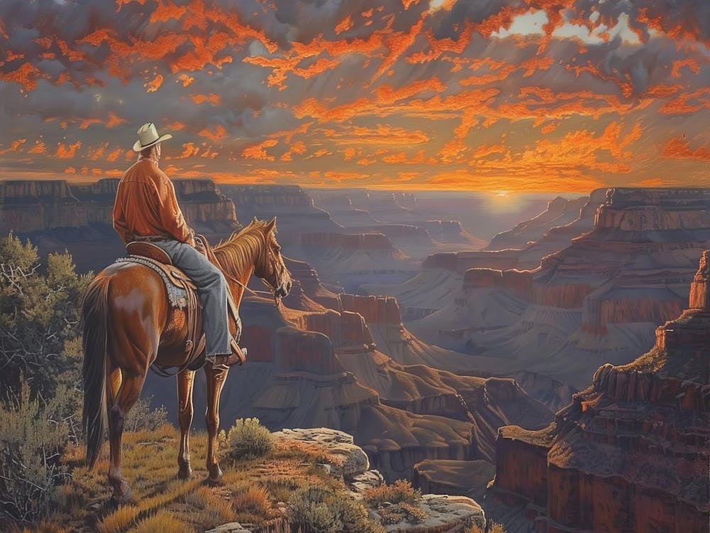 Cowboy Canyon Western Painting, Southwest Decor, Desert Sunset Picture, Cowboy Landscape, Home Office Decor, Canvas Art, Grand Canyon Print