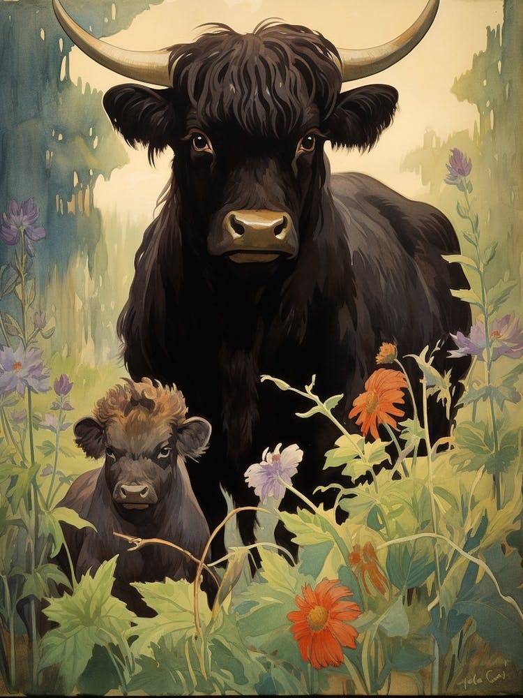 Animated Black Pull & Baby Calf In The Meadow
