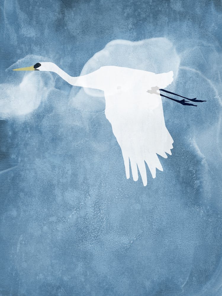 Wings Down White Egret in Flight Minimalist Watercolor