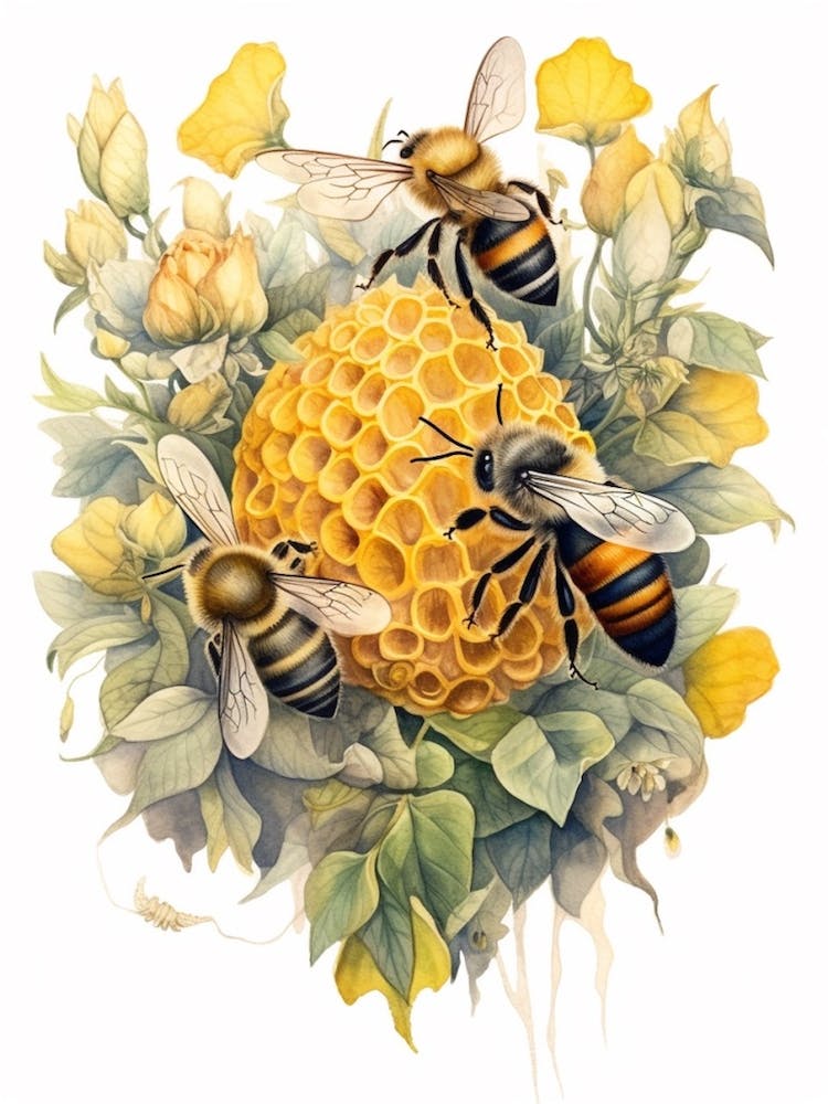 Four Banded Flower Bee Beehive Watercolour Illustration 1