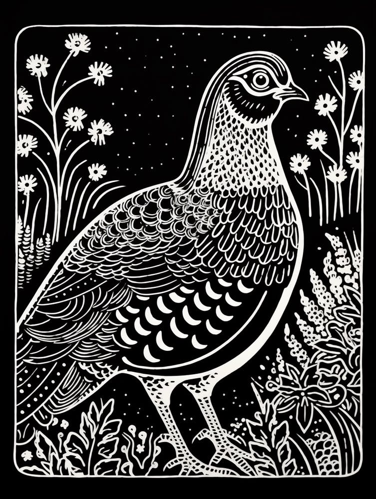 B&W Bird Linocut Grouse 1