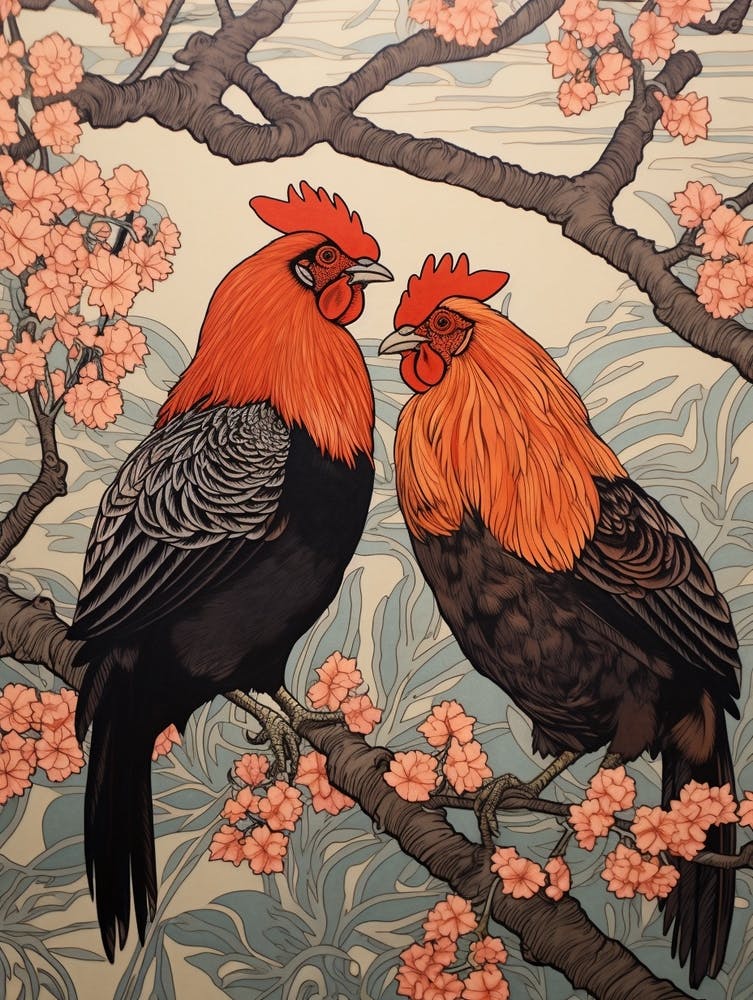 Art Nouveau Birds Poster Rooster 2