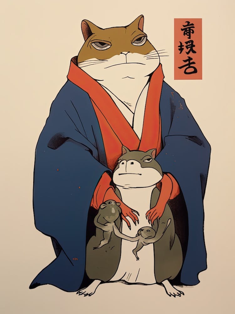 Frog And Cat, Matsumoto Hoji Inspired Japanese Woodblock 2