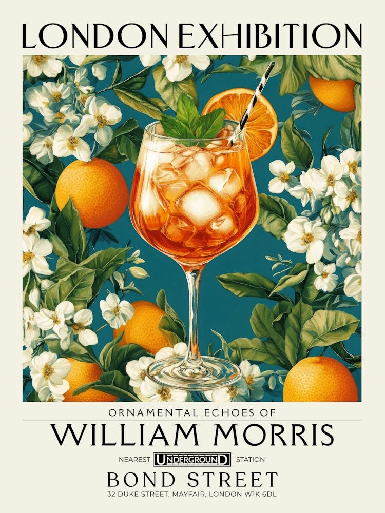 Aperol Spritz cocktail print William Morris style maximalist floral art, summer inspired drink wall art vintage botanical still life eclectic decor for bar cart, living room, kitchen, dining room 15