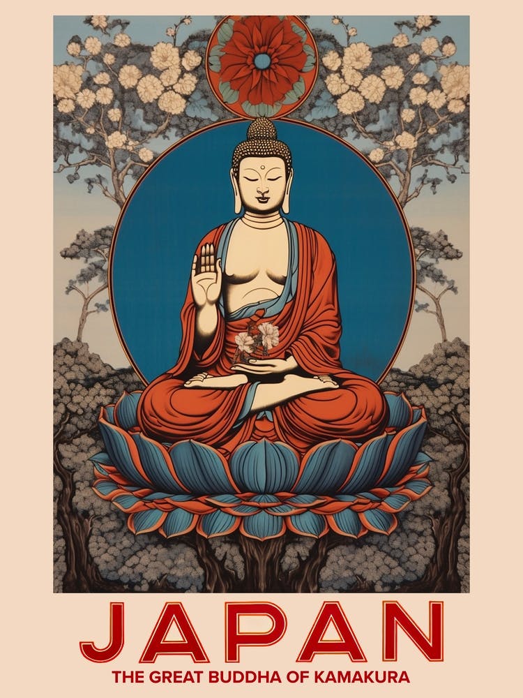 The Great Buddha Of Kamakura, Visit Japan Vintage Travel Art 3