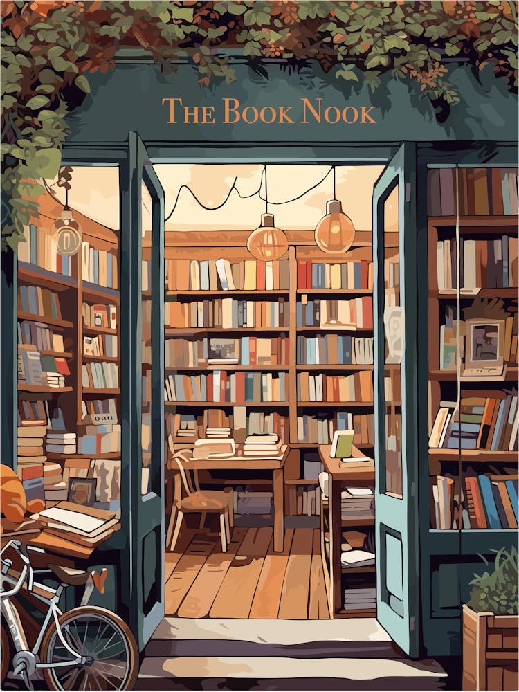 Vintage The Book Nook Poster Book Shop Print Book Lovers Gift Reading Gift