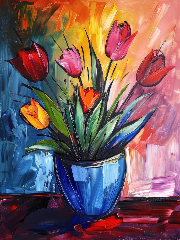 Tulips In A Blue Vase