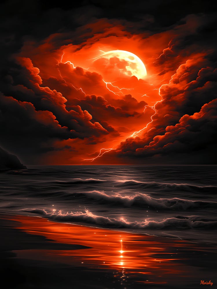 Crimson Moon Tempest – Feuriger Sturm Über Dem Ozean Poster