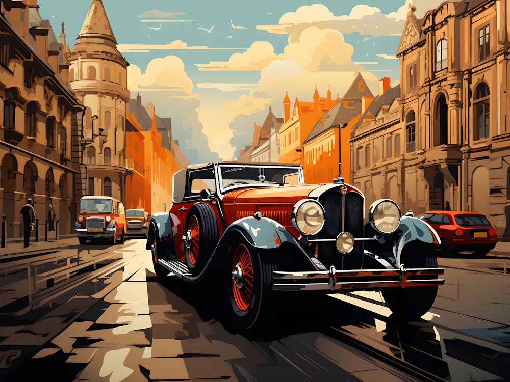 Elegance In Motion – Vintage Car Artwork In Autumn City