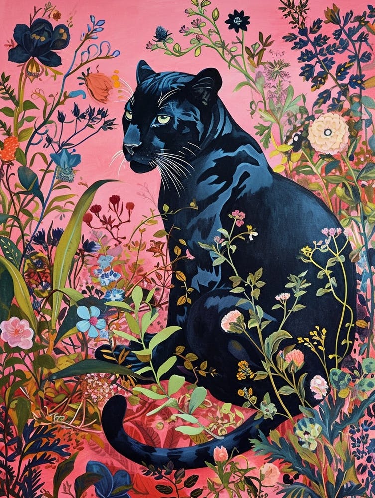 Floral Animal Painting Black Panther 4