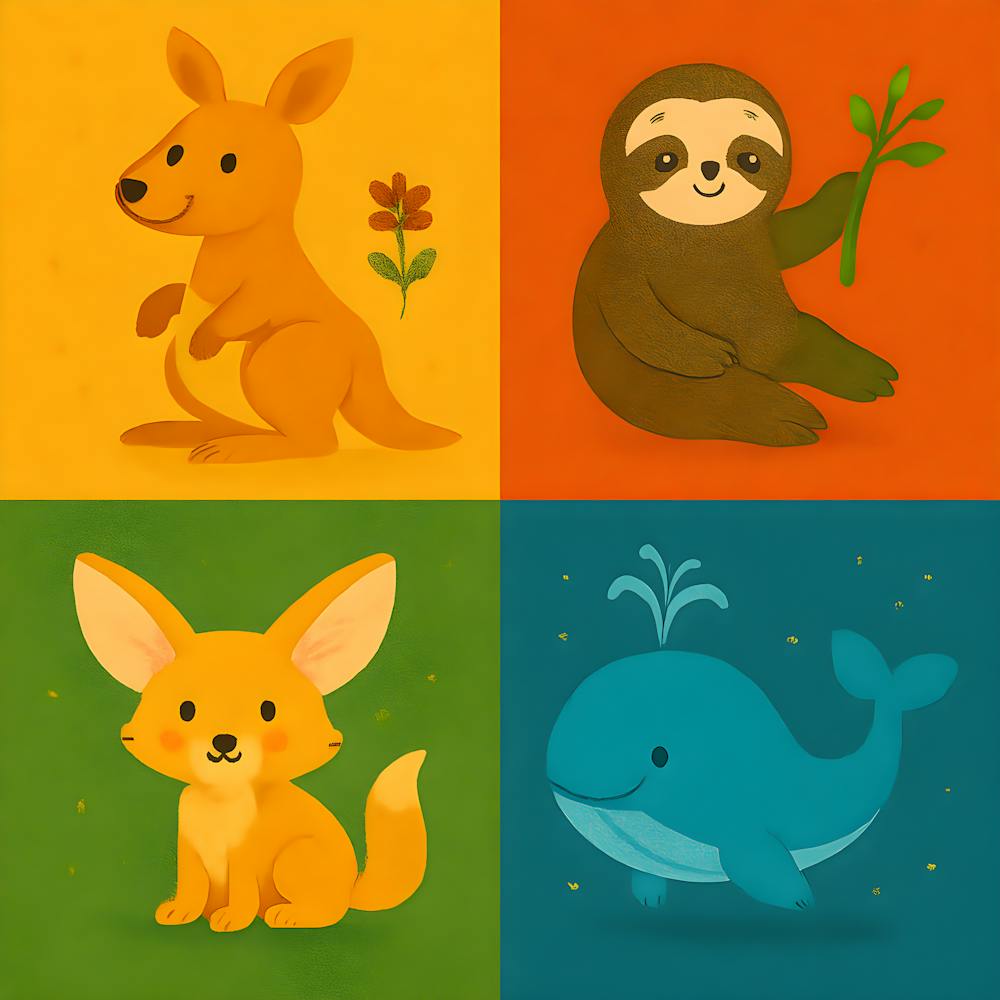 Colorful Animal Nursery Art – Kangaroo, Sloth, Fennec Fox & Whale – Vibrant Kids Room Decor, Playful Baby Shower Gift, Cute Wall Prints