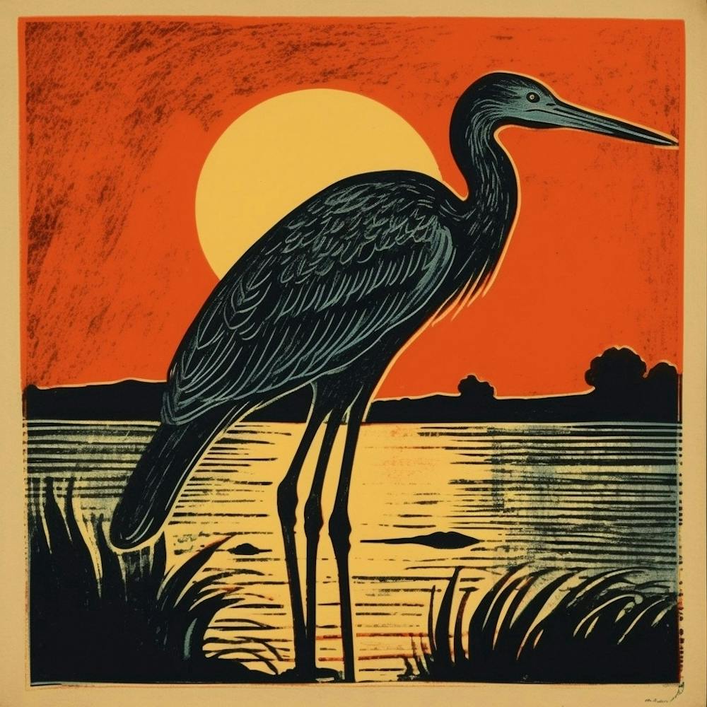 Retro Bird Lithograph Great Blue Heron 5