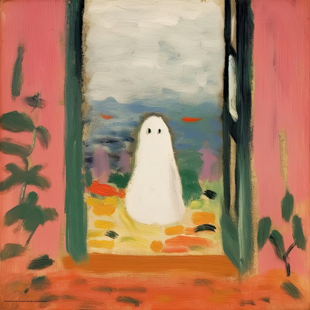 Open Window With A Ghost, Matisse Style, Spooky Halloween Square 2