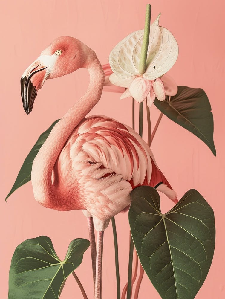 American Flamingo And Anthurium Minimalist Illustration 4
