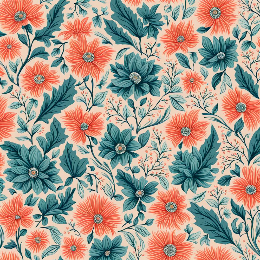 motif floral Sarcelle Poussiéreux, Corail Atténué, 216