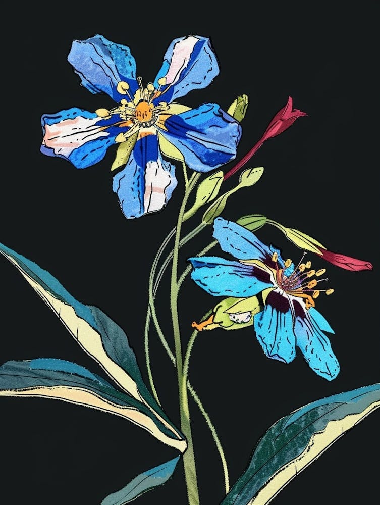Neon-Blumen auf Schwarz Vergissmeinnicht 1
