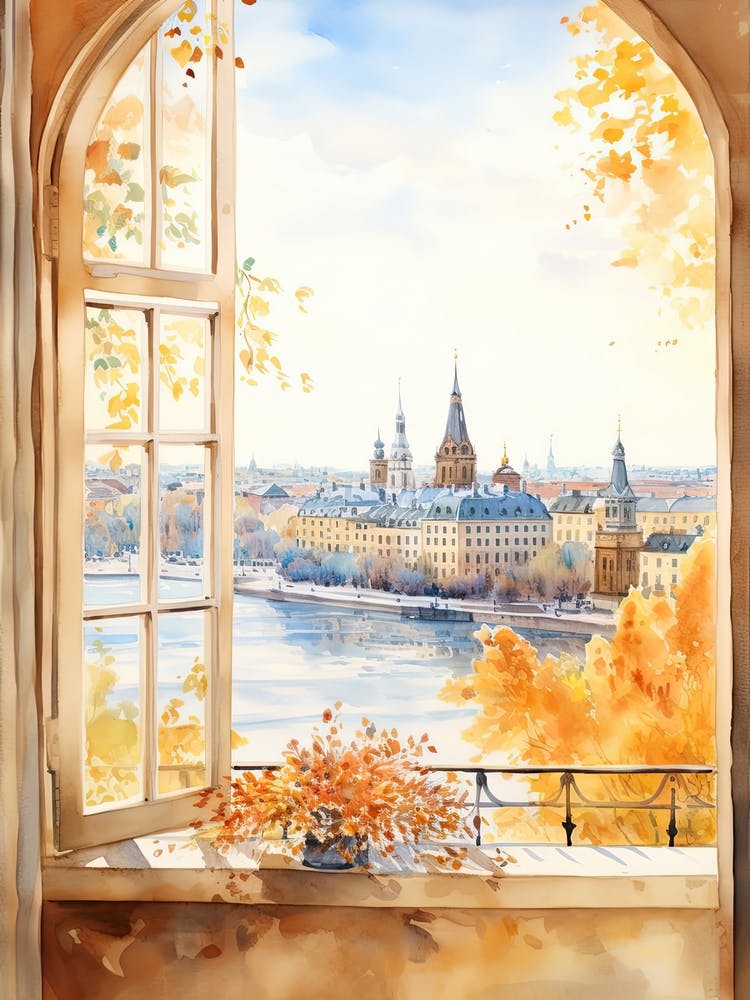 Window View Of Stockholm Sweden In Autumn Fall, Watercolour 4