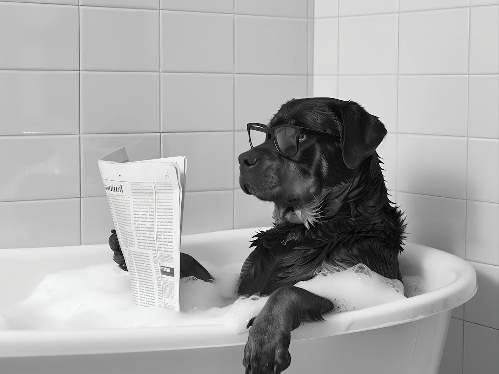 Rottweiler In Bathtub Wall Art, Dog Reading Newspaper In Bubble Bath Poster, Black And White Print, Funny Wall Art, Bathroom Wall Decor