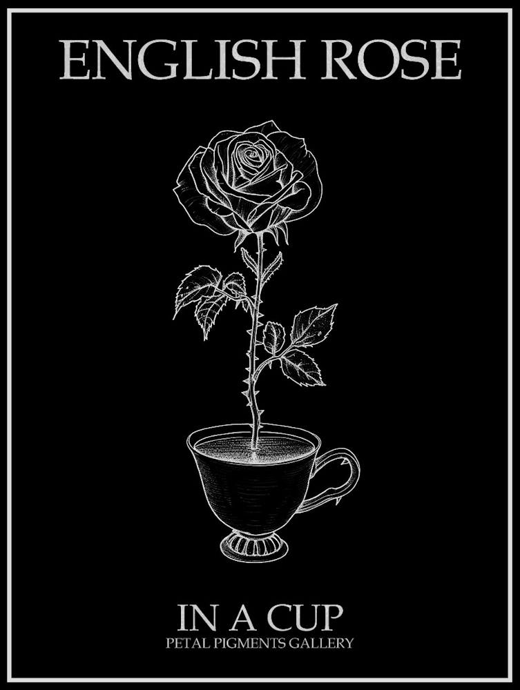 English Rose In A Cup Line Drawing 4 Poster Inverted