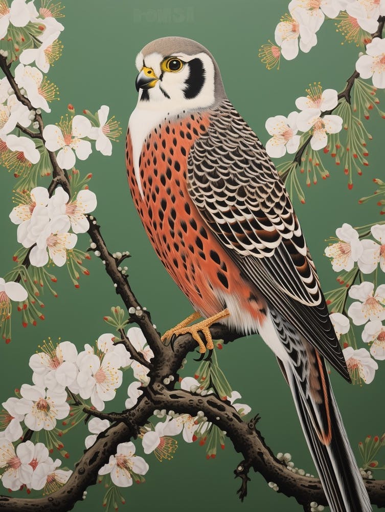 Ohara Koson Inspired Bird Painting American Kestrel 4