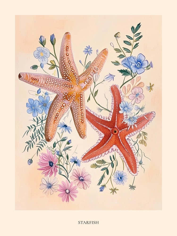 Folksy Floral Animal Drawing Starfish Poster