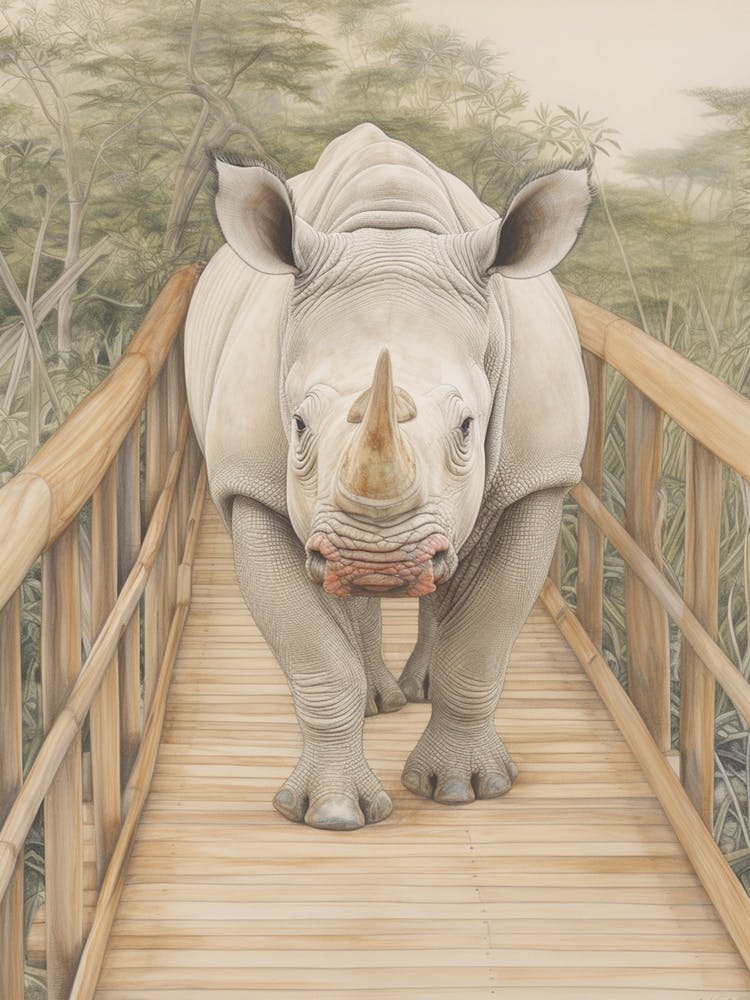 Rhino Walking Across A Wooden Bridge Illustration 1