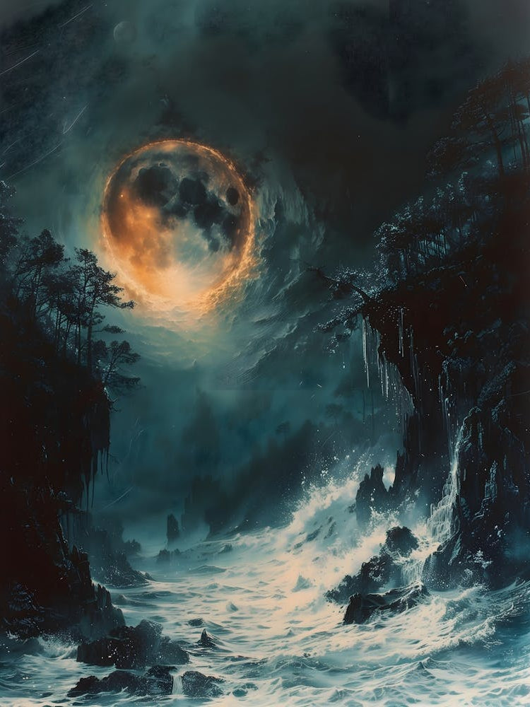 Full Moon Over The Ocean Bichromatic, Surrealism, Impressionism