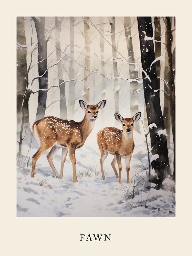 Winter Watercolour Fawn 2 Poster