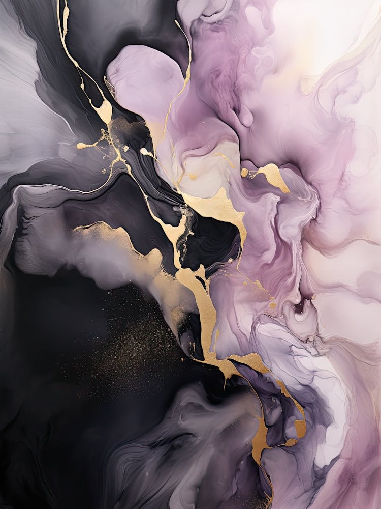 Lilac, Black, Gold Flow Asbtract Painting 0