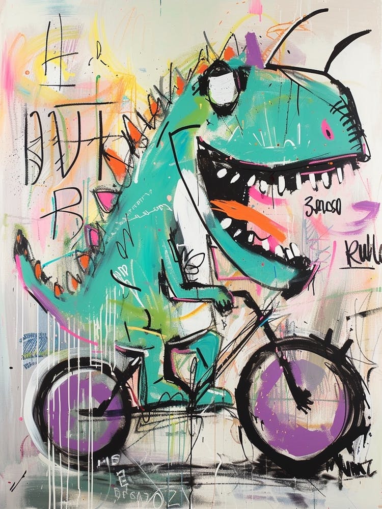 Dinosaur On A Bike Pink Purple Graffiti Style Illustration 3