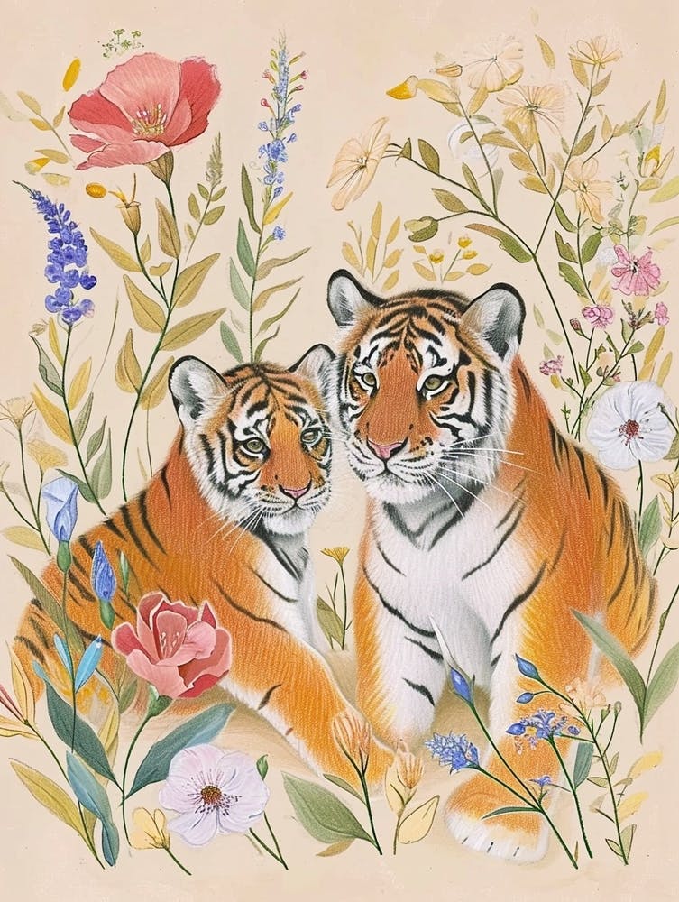 Folksy Floral Animal Drawing Tiger 3