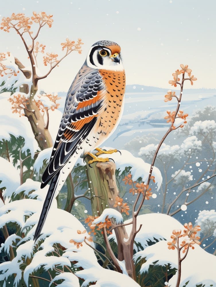 Winter Bird Painting American Kestrel 1