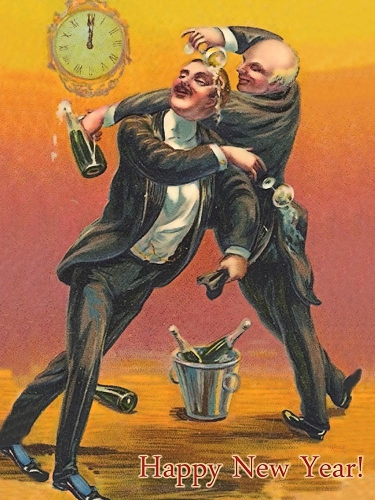 Two Drunk Men Celebrating A New Year, Funny Holiday Poster