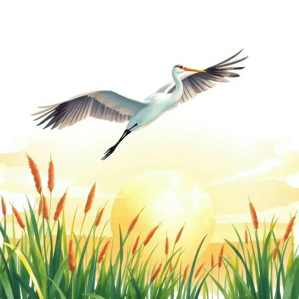 White Heron Flying In The Grass