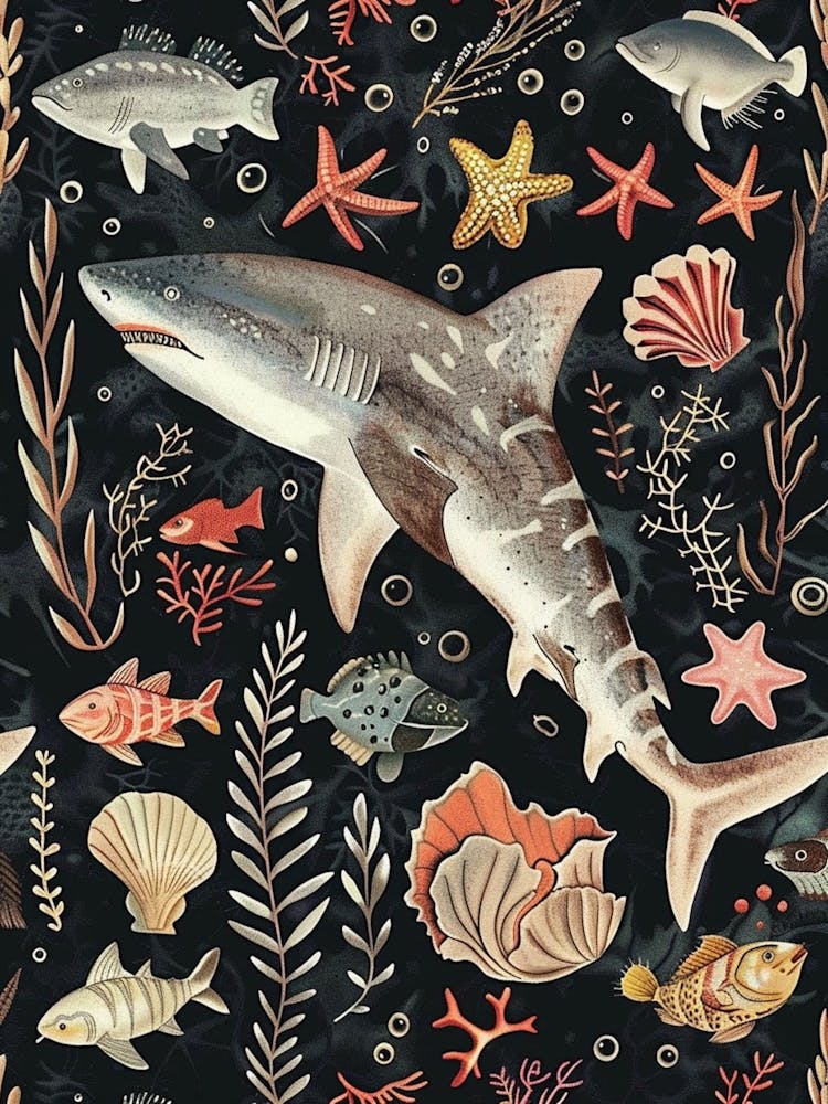Port Jackson Shark Seascape Black Background Illustration 3