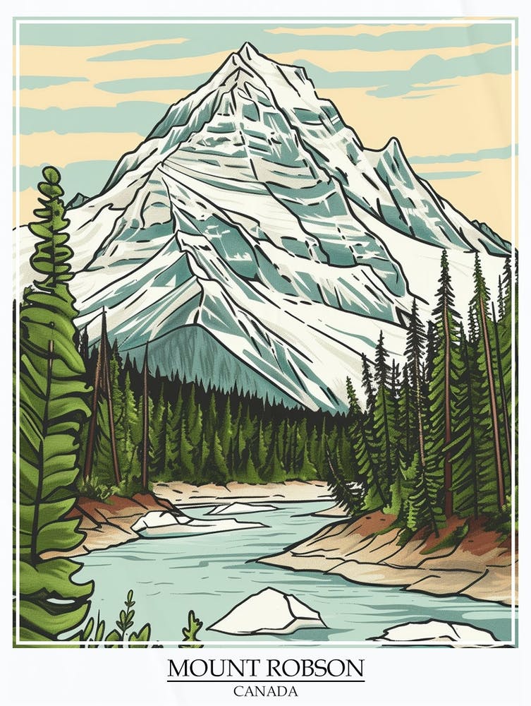Mount Robson Canada Color Line Drawing 6 Poster
