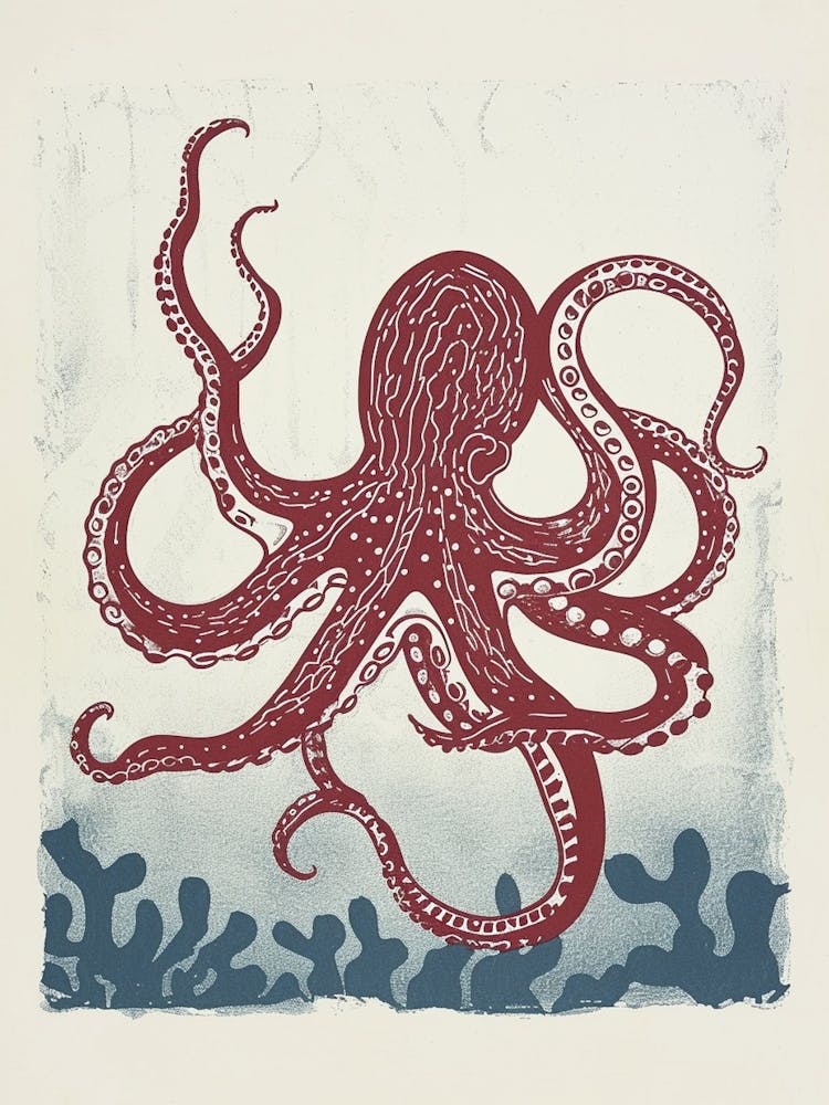 Retro Rot-Marine-Oktopus Linolschnitt-Stil 9