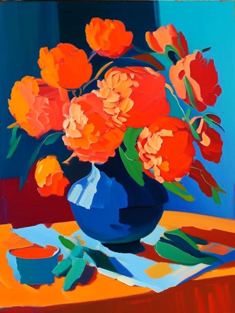 Orange Peonies On A Table Colourful Painting