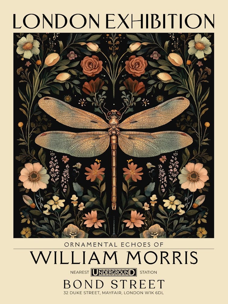 William Morris Dragonfly and floral artwork in Warm earth tones, insect and flower pattern dark academia library Botanical vintage print, living room vintage decor Floral tapestry Victorian nature art 28