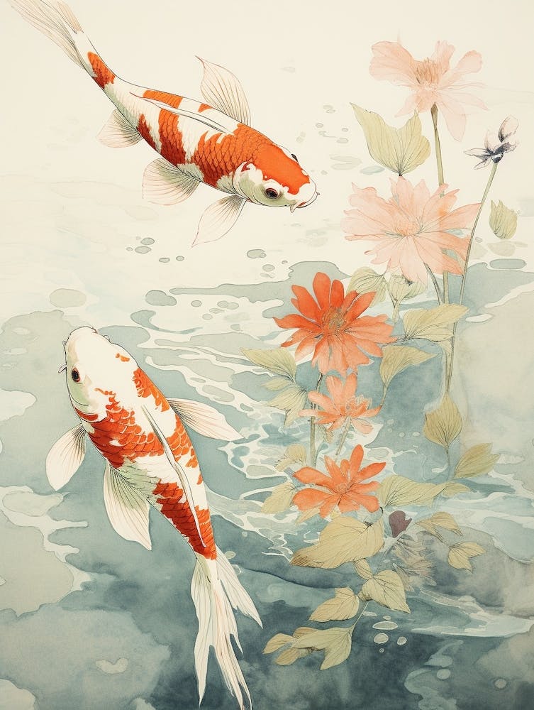 Orange Koi Fish Watercolour With Botanicals 9