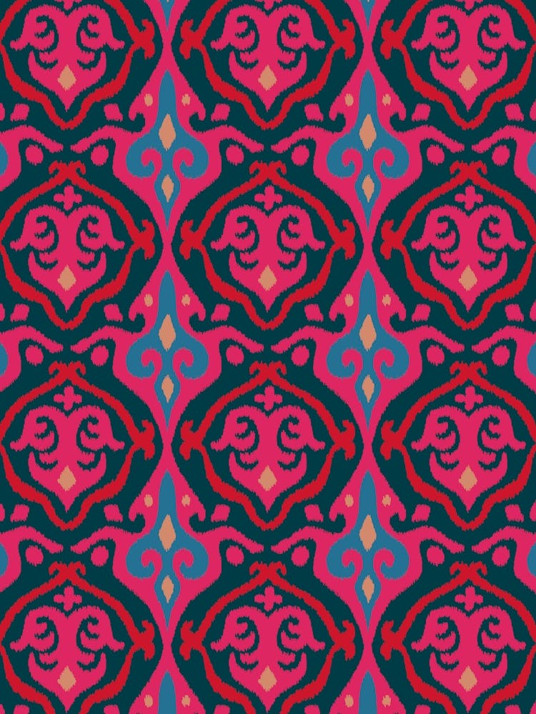 JAVA Boho Ikat Woven Texture Style in Exotic Red Pink Blue on Dark Teal Blue