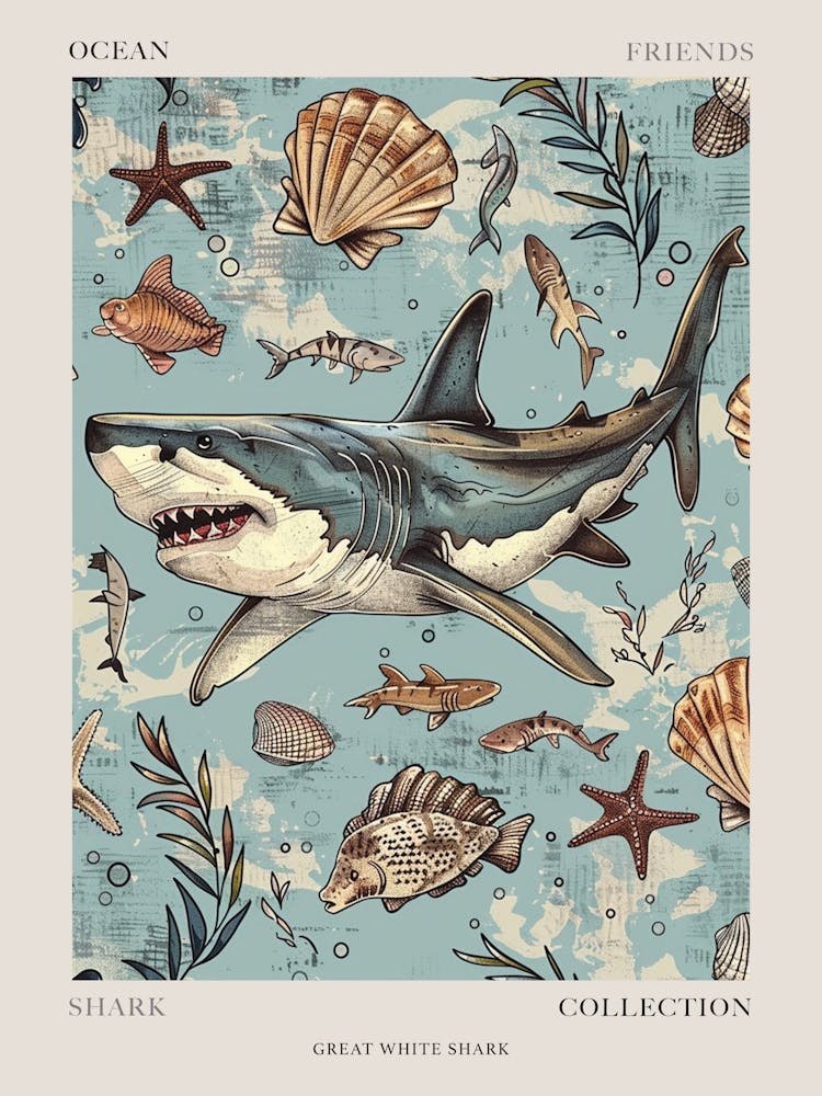 Grand Requin Blanc Bleu Pastel Paysage Marin à l'Aquarelle 2 Affiche