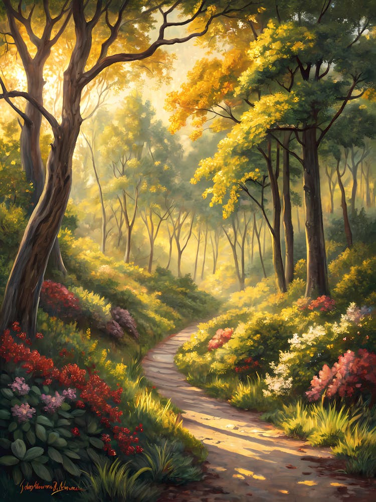 Oil Painting Style Winding Path Through Sunny Forest Landscape