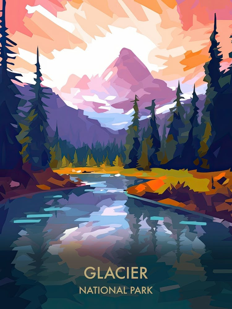Glacier National Park Travel Poster Illustration Style