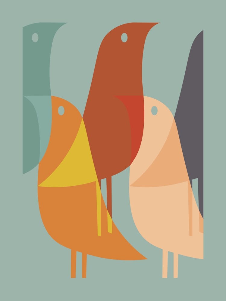 Geometrischer Vogel-Druck, Popkultur, Mid Century Modern, Minimalistisches Dekor, 60er Retro Geschenk, Buntes sich wiederholendes Vogelmuster