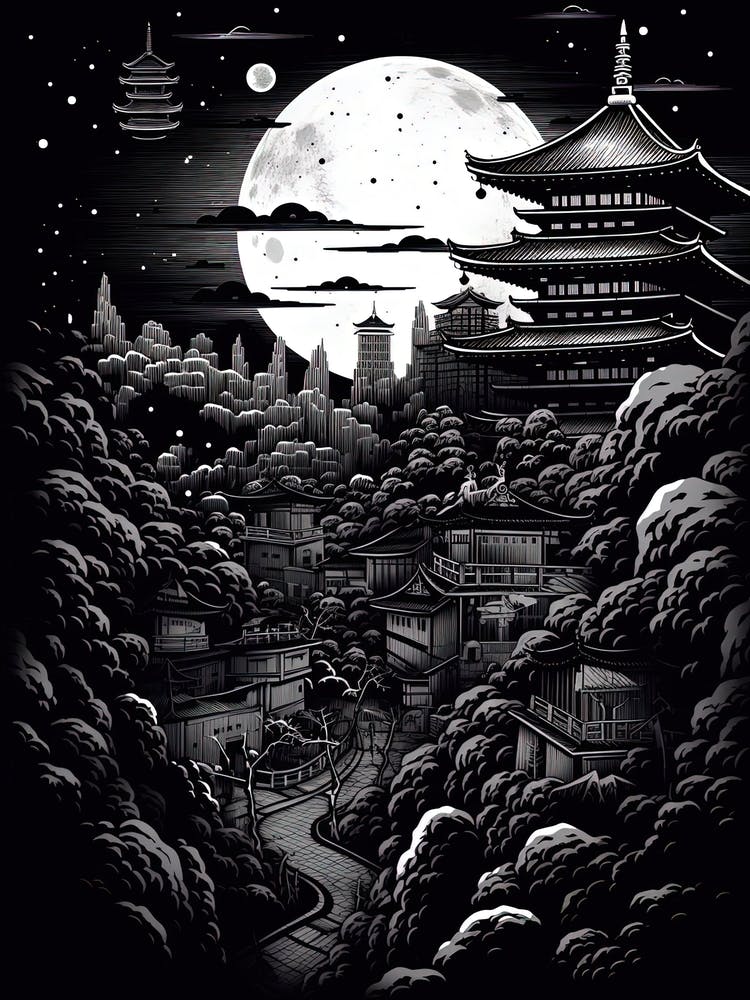 Tokyo In Japan, Ukiyo E Black And White Line Art Drawing 1