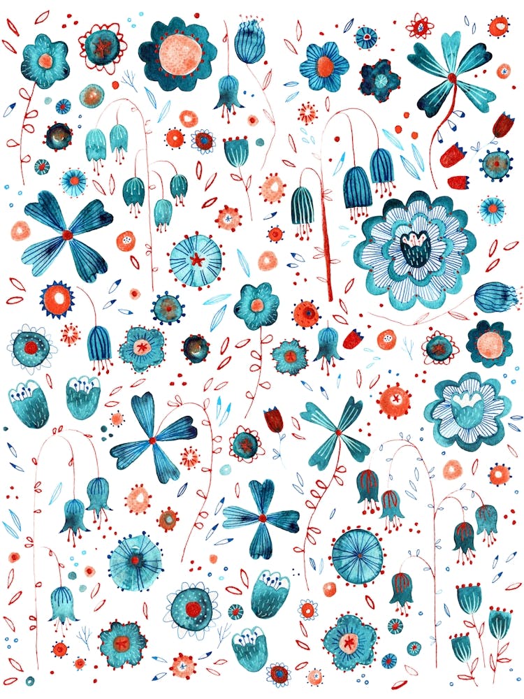 Teal Green and Orange Watercolor Wild Flowers