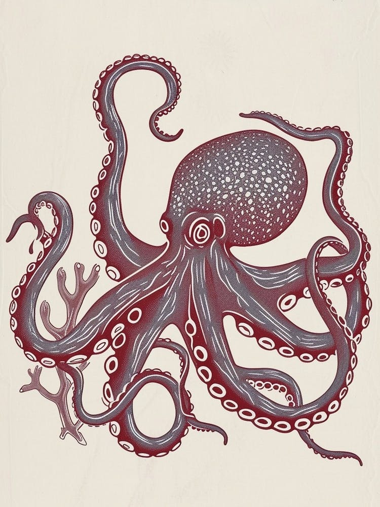 Hand Printed Style Red & Navy Octopus 2