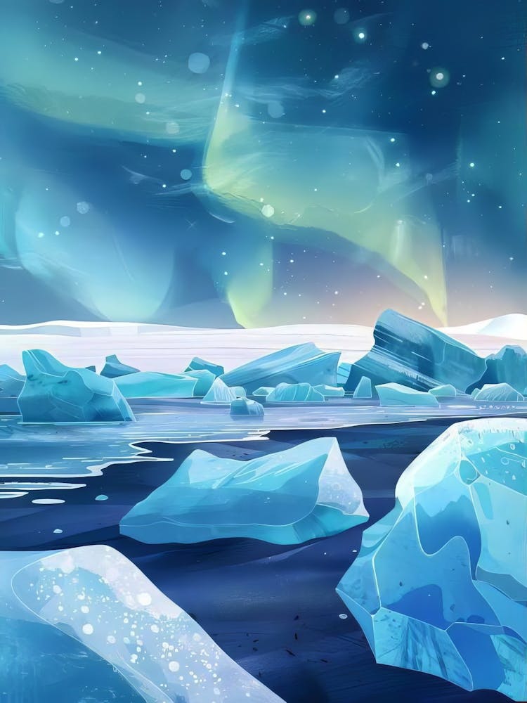Iceland Print Iceland Illustration Iceland Painting Aurora Borealis Print Northern Lights Print Diamond Beach Print Iceland Gift Download(1)