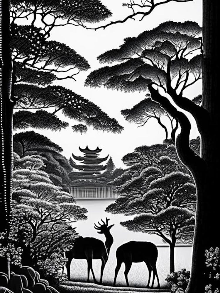 Nara Park, Japan Linolschnitt Schwarz-Weiß Vintage